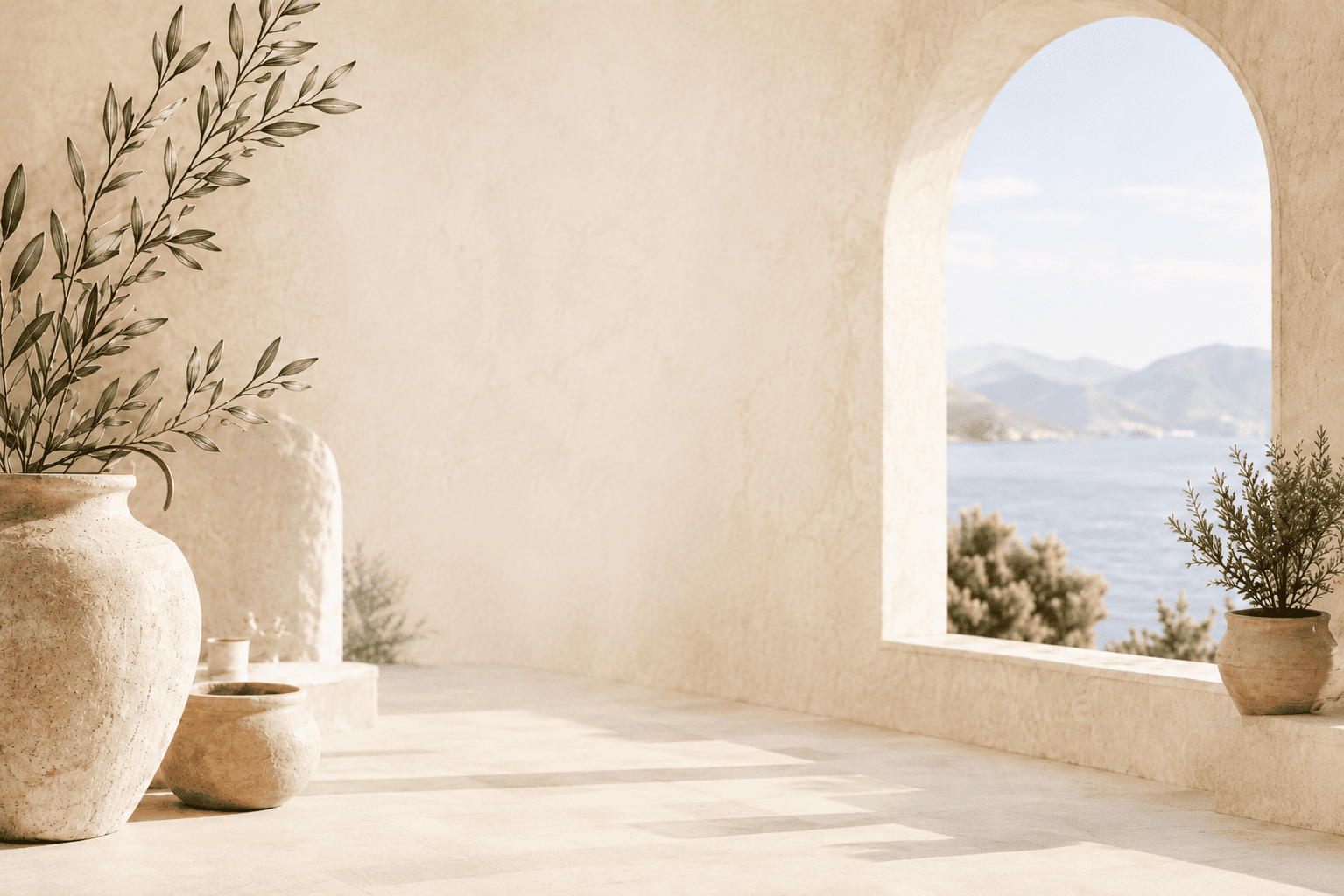A sun-lit Mediterranean terrace with arched window and olive-branch pottery