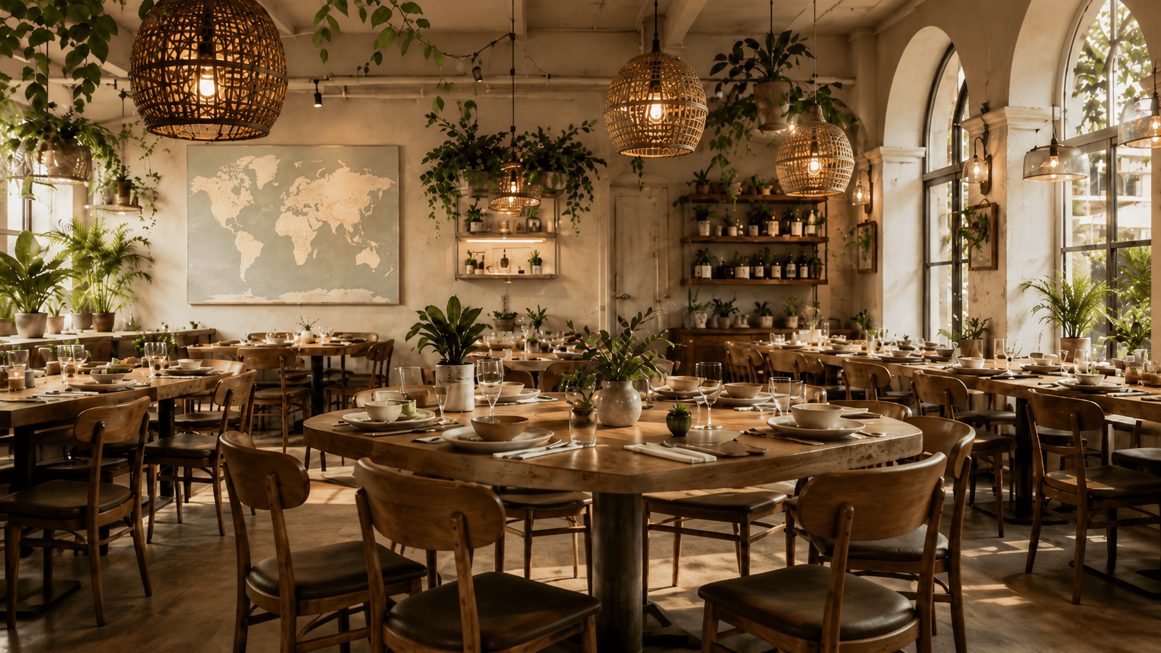 A warm, plant-filled restaurant with wicker pendant lights and arched windows