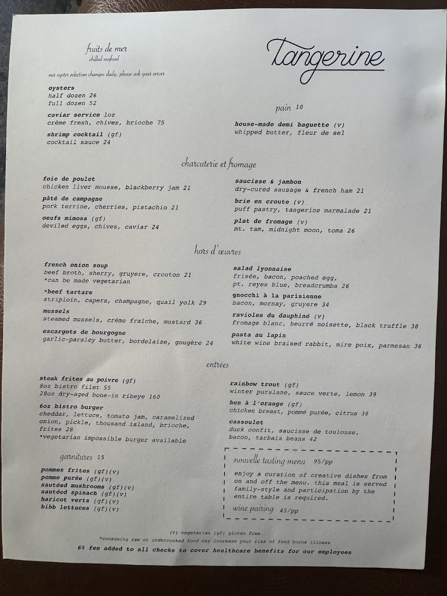 Tangerine French Bistro Menu Photo 1