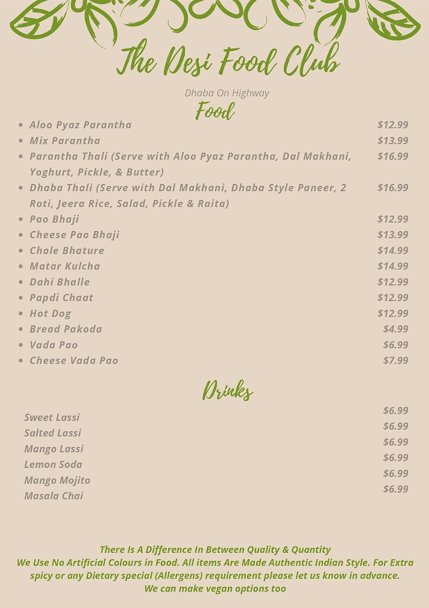 The Desi Food Club - Beeji Cafe Menu Photo 1